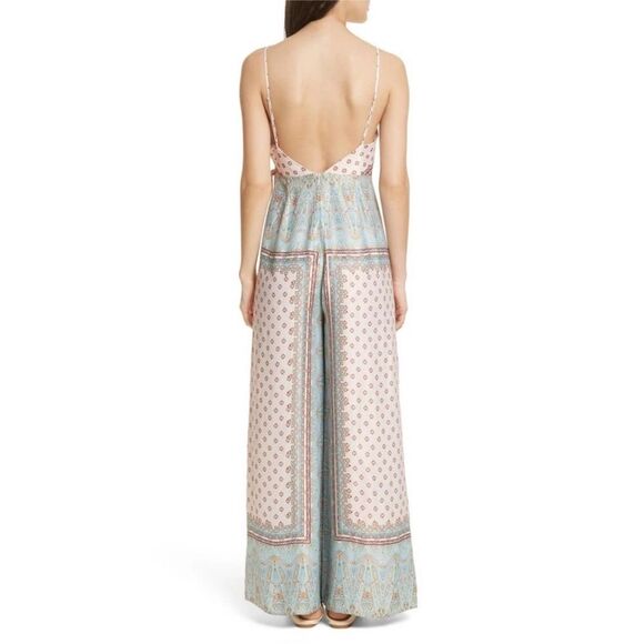 Free People Cabbage Rose Scarf Print Wide Leg Satin Jumpsuit Neutral Combo - 6 - Picture 5 of 10